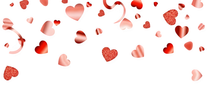 Delicate rose gold hearts and ribbons falling on a transparent background, creating a romantic and festive atmosphere, perfect for valentines day, weddings, or any celebration of love and affection is