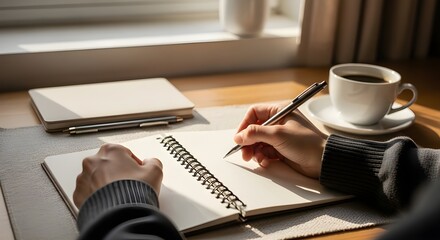 Person writing in a notebook near a window with a cup of coffee and pen