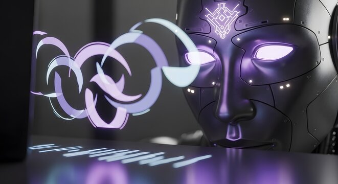 Close up robotic face with glowing eyes, reflections on table surface, pastel lavender tones.