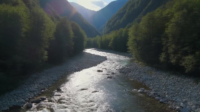 Valley river flows between dense tree lines and rocky banks, bright patches of sunlight glimmering across the surface.