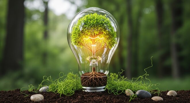 A light bulb with a tree inside, surrounded by green moss and rocks in a forest setting.