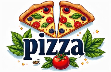 Colorful illustration of pizza with slices, basil leaves, tomato, and bee. Two pizza slices with cheese, tomatoes, and olives on top, surrounded by green leaves and a red tomato.