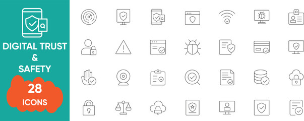  Digital trust and safety cybersecurity line icon set for privacy UI