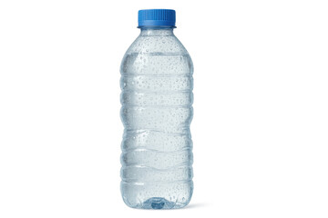 Naklejka premium Clear plastic water bottle with blue cap, water drops, and condensation, promoting hydration and health