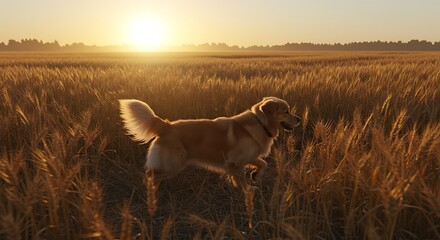 Golden retriever dog running through wheat field at sunset