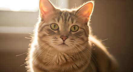 "Adorable domestic cat in warm natural lighting, sharp detail, expressive eyes, soft fur texture, cozy indoor atmosphere, professional pet photography, high-resolution portrait