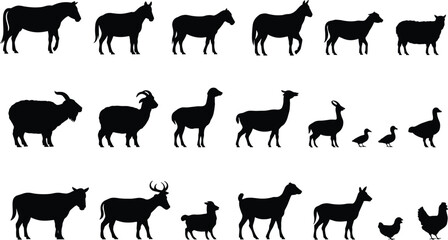 Collection of farm animal silhouettes including horses, cows, goats, sheep, deer, poultry and livestock icons for agriculture, ranching and farming illustrations