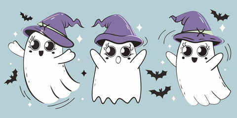 Cute cartoon ghosts wearing witch hats for halloween illustration