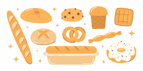 Various bakery products including bread cookies pretzels donuts and waffles illustration
