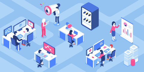 Isometric office scene with people working and communicating in a modern workspace