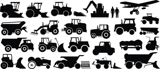 Collection of farm machinery silhouettes including tractors, harvesters, loaders, excavators, trailers, and agricultural equipment icons for farming, field work and rural industry