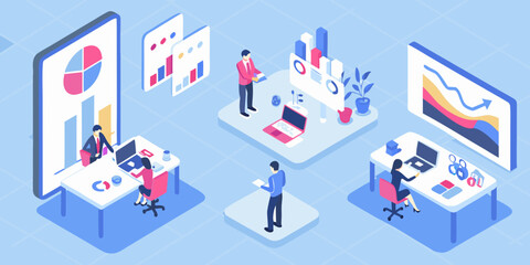 Isometric business team analyzing data and charts in modern office space