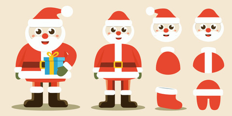 Cute cartoon santa claus character with gift and parts set