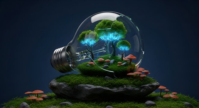 Miniature glowing forest ecosystem with vibrant trees and mushrooms nestled inside a broken light bulb, symbolizing green energy, environmental innovation, and a sustainable future on a mossy landscap