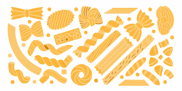 Various types of pasta flat lay illustration on a white background