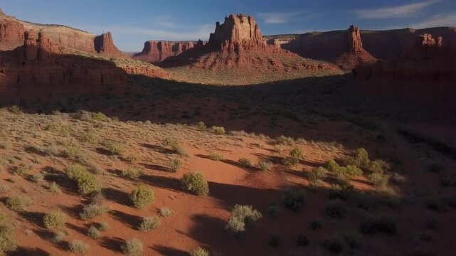 Desert mesa shadows fall across nearby buttes, creating dramatic contrasts between illuminated and shaded stone.