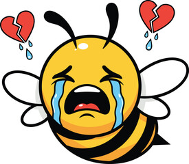 Crying cute bee cartoon character with broken hearts, emotional sad bumblebee illustration, adorable emoji style mascot for stickers and designs