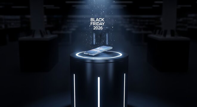 Black Friday 2026 smartphone deal, futuristic mobile phone display, sleek modern design for technology sale promotion marketing