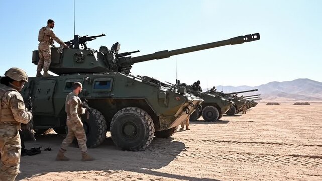 Military Personnel Prepare Light Armored Vehicles for Action in Desert