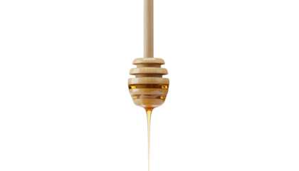Golden honey dripping from a wooden dipper creates a sweet and natural sensation, perfect for adding warmth and richness to your projects about food, health, and sweetness