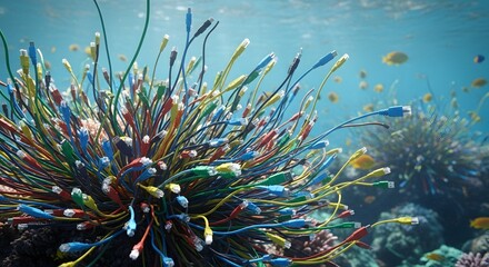 Underwater coral reef made of vibrant network cables, RJ45 Ethernet, and USB connectors, with fish swimming, symbolizing global internet connectivity, data networks, and the digital world