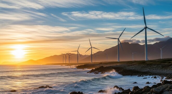 A serene coastal landscape with wind turbines at sunset, featuring a vibrant sky and calm ocean waves.