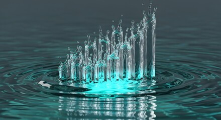 Ascending water splash graph with vibrant turquoise light, illustrating growth, data, and progress on a rippling liquid surface, abstract concept