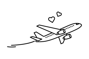 A simple line art illustration of an airplane taking off with two hearts floating above it, symbolizing love and travel, isolated on transparent background