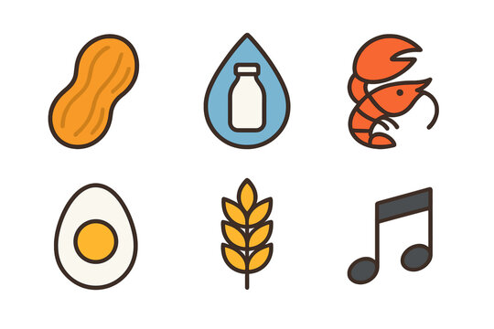 Set of simple flat design icons representing common food allergens and dietary restrictions