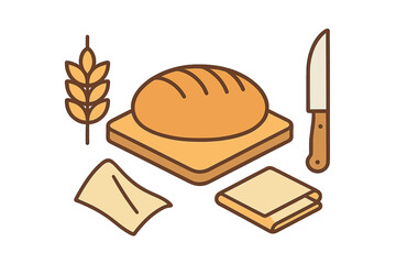 Fresh baked loaf of bread on a wooden board with wheat stalk and kitchen knife