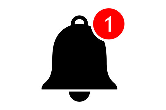 A black notification bell icon with a red circle containing the number one, indicating a new message or alert, isolated on transparent background