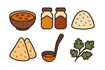 Essential cooking ingredients and kitchen utensils set featuring spices, soup, and flatbread
