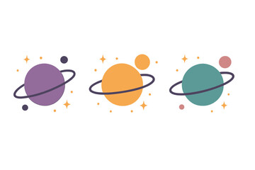 Vibrant collection of stylized planets with rings and orbiting satellites in space