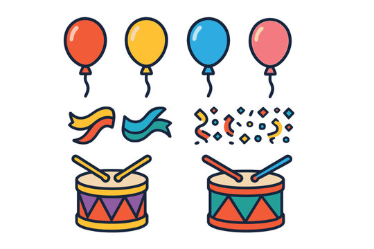 Bright collection of celebration elements: balloons, festive ribbons, scattered confetti, and musical drums