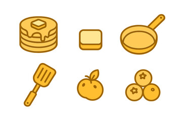 Set of breakfast foods and cooking utensils including pancakes, butter, frying pan, spatula, apple, and blueberries