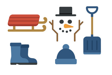 Collection of winter holiday objects including sled, snowman, snow shovel, warm boots, and knit hat