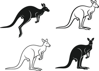 Collection of dynamic kangaroo vector illustrations, isolated figures in black silhouette and outline art, representing Australian wildlife, mascot, and jumping action