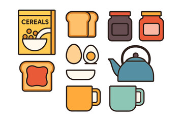 Collection of breakfast essentials including cereal toast eggs and hot drinks