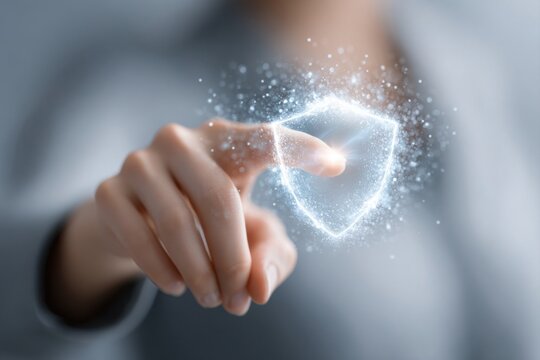 Digital Shield of Assurance: A hand delicately interacts with a glowing, digital shield, symbolizing robust protection, security, and the safeguarding of data in the digital realm.
