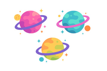 Three colorful cartoon planets with rings and moons floating in space cosmos
