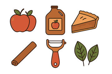 Autumn baking ingredients and tools set with apples, cider, pie slice, cinnamon, and peeler