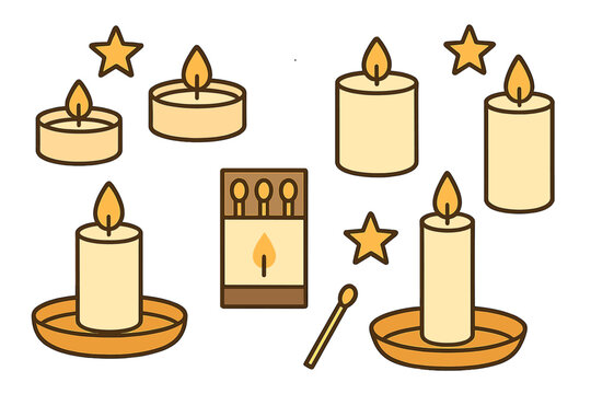 Burning wax candles, tea lights, match box, and decorative star elements set