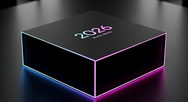 Black Friday 2026 promotion with glowing neon cube for futuristic marketing campaigns and retail sales event advertising material