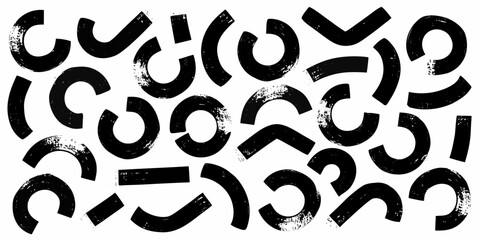 Abstract black geometric shapes with grunge texture on white background