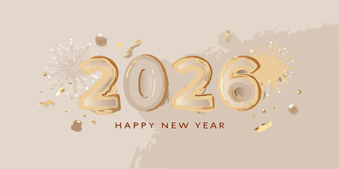 Elegant happy new year 2026 celebration with golden balloons and fireworks