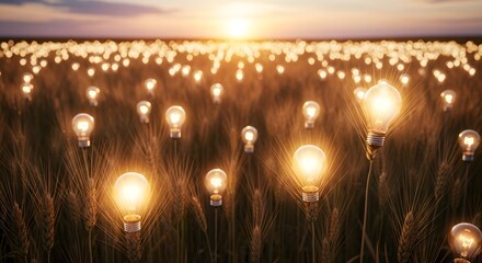 Luminous light bulbs growing like crops in a vast field at golden hour, symbolizing innovation, sustainable energy, and flourishing ideas