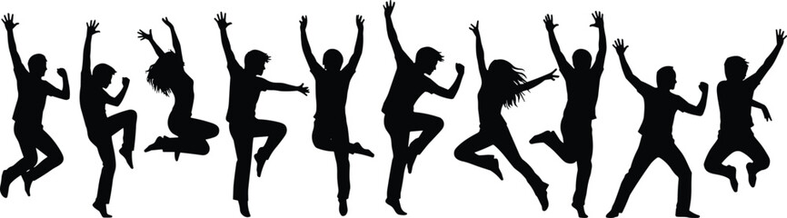 Group silhouette of joyful people jumping in celebration, energetic human poses, happiness expression, youth freedom motion, dynamic jump illustration