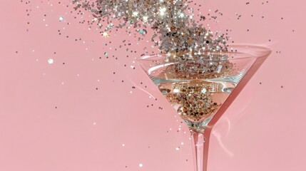 A Captivating Cocktail Enveloped in a Sparkling Cascade of Glittering Confetti, Perfectly Captured Against a Soft Pink Background