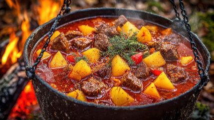 Traditional Hungarian Goulash Stew with Fresh Bread on a Rustic Wooden Table. AI generative.