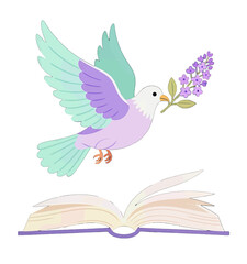 Fototapeta premium Colorful Dove with Flower Flying Above Open Book